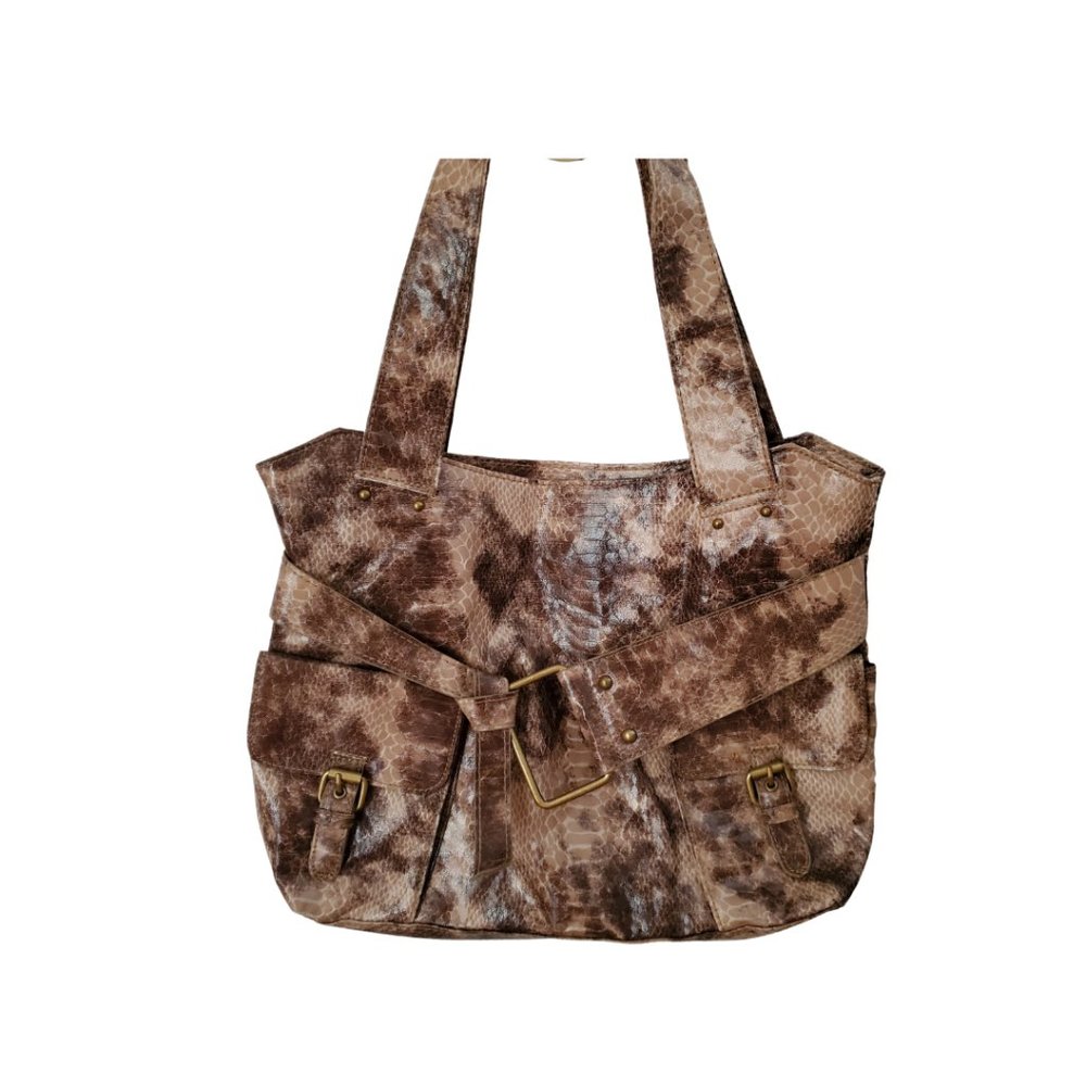Faux Snakeskin Handbag Brown and Beige Tones Brushed Gold Hardware